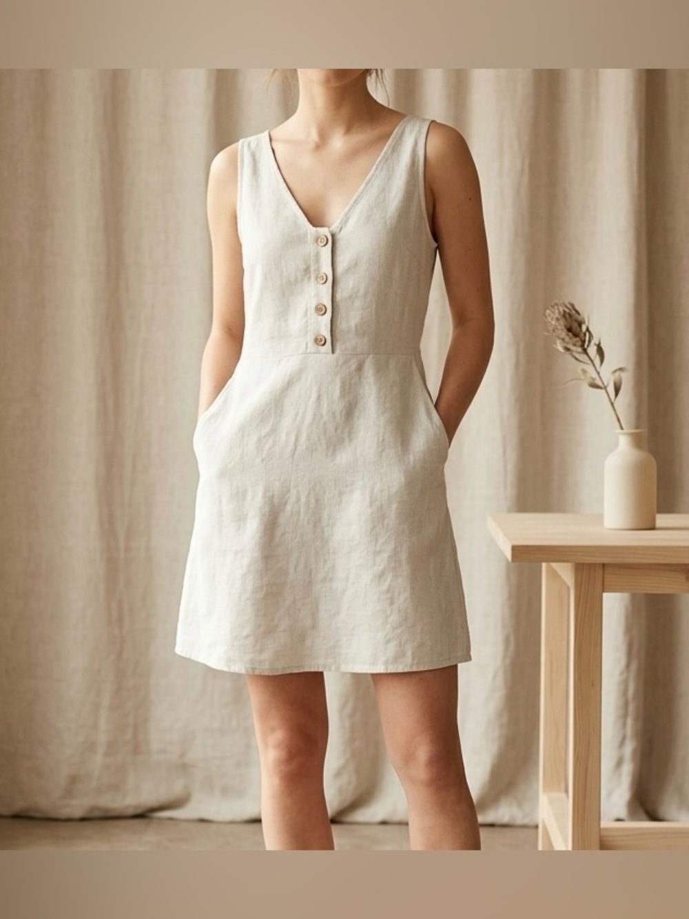 Aakaa Cream Linen Blend V Neck Button Front Mini Dress Pockets Sleeveless Size S